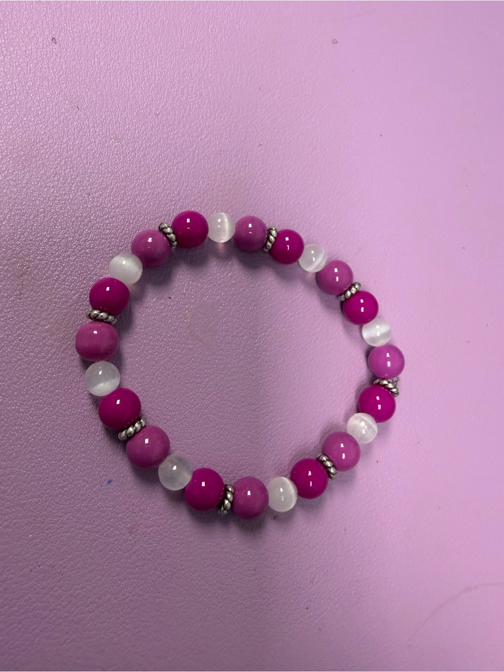 Pink Beaded Stretch Bracelet with Silver Accents
